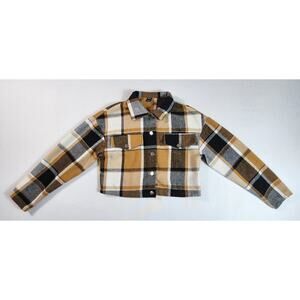 Cropped Plaid Flannel Shirt Long Sleeve Button Up Womens Size XS Brown